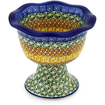 Polish Pottery Bowl with Pedestal 5&quot; Grecian Sea