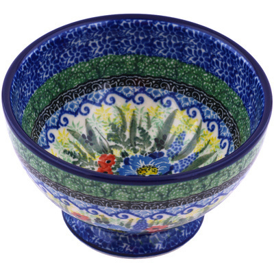 Polish Pottery Bowl with Pedestal 5&quot; Joyful Blue UNIKAT