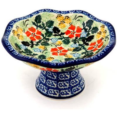 Polish Pottery Bowl with Pedestal 5&quot; Orange Peonies Patch UNIKAT