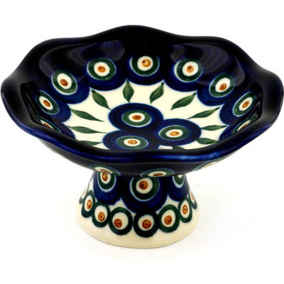 Polish Pottery Bowl with Pedestal 5&quot; Peacock Leaves