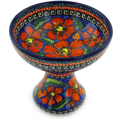 Polish Pottery Bowl with Pedestal 5&quot; Poppies UNIKAT