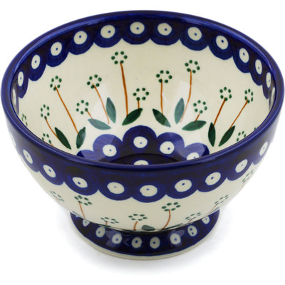 Polish Pottery Bowl with Pedestal 5&quot; Pushing Daisy Peacock