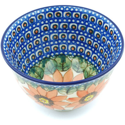 Polish Pottery Bowl with Pedestal 5&quot; Red Blooms UNIKAT