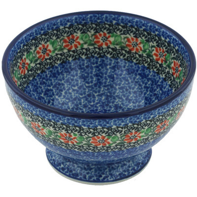 Polish Pottery Bowl with Pedestal 5&quot; Red Zinnia