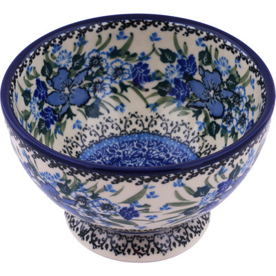 Polish Pottery Bowl with Pedestal 5&quot; Rhapsody In Blue UNIKAT