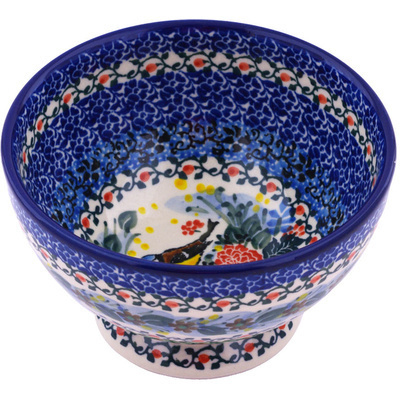 Polish Pottery Bowl with Pedestal 5&quot; Robbin&#039;s Meadow UNIKAT