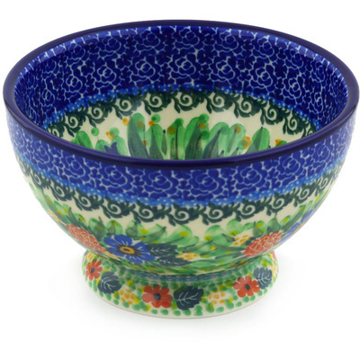 Polish Pottery Bowl with Pedestal 5&quot; Robbin&#039;s Meadow UNIKAT