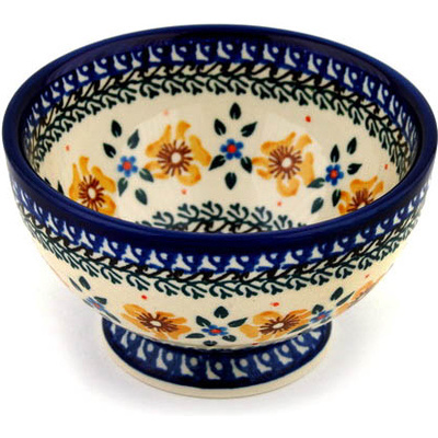 Polish Pottery Bowl with Pedestal 5&quot; Sea Fall Yellow Flowers