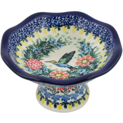 Polish Pottery Bowl with Pedestal 5&quot; Solo Hummingbird UNIKAT