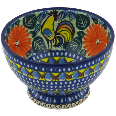 Polish Pottery Bowl with Pedestal 5&quot; Summer Rooster UNIKAT