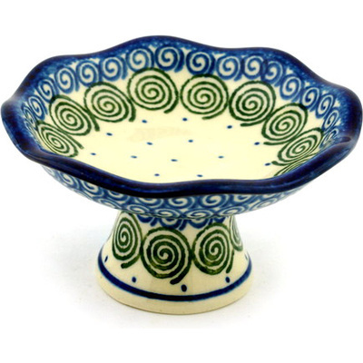 Polish Pottery Bowl with Pedestal 5&quot; Swirling Polka Dot