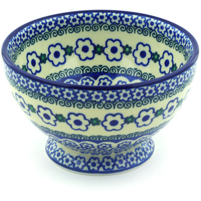 Polish Pottery Bowl with Pedestal 5&quot; White Daisy Dots
