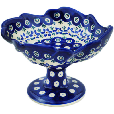 Polish Pottery Bowl with Pedestal 6&quot; Starflower Peacock