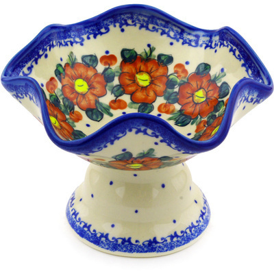 Polish Pottery Bowl with Pedestal 7&quot; Autumn Pansies UNIKAT