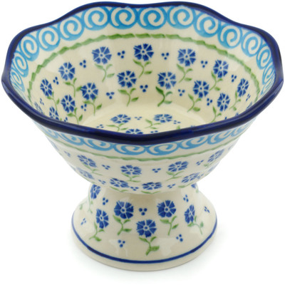 Polish Pottery Bowl with Pedestal 7&quot; Blue Bursts