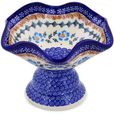 Polish Pottery Bowl with Pedestal 7&quot; Blue Cornflower