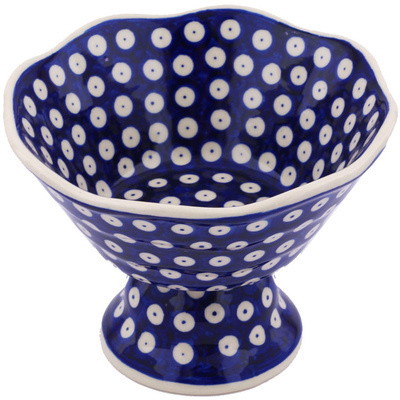 Polish Pottery Bowl with Pedestal 7&quot; Blue Eyed Peacock