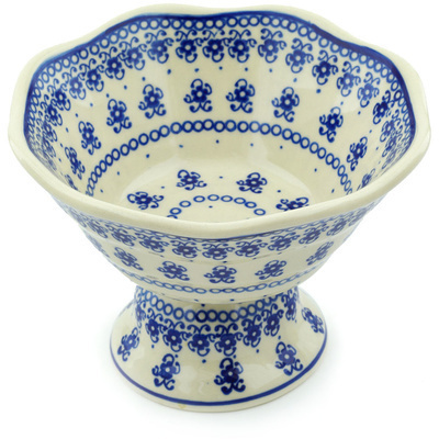 Polish Pottery Bowl with Pedestal 7&quot; Blue Pattern