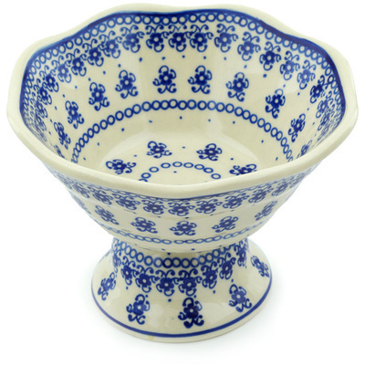 Polish Pottery Bowl with Pedestal 7" Blue Pattern