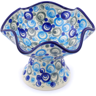 Polish Pottery Bowl with Pedestal 7&quot; Blue Peacock Eye