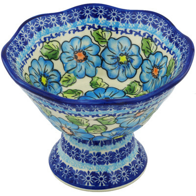 Polish Pottery Bowl with Pedestal 7&quot; Bold Blue Poppies UNIKAT