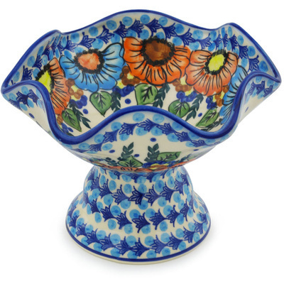 Polish Pottery Bowl with Pedestal 7&quot; Bold Poppies