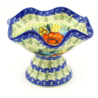 Polish Pottery Bowl with Pedestal 7&quot; Bold Red Poppies UNIKAT