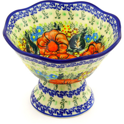 Polish Pottery Bowl with Pedestal 7&quot; Bold Red Poppies UNIKAT