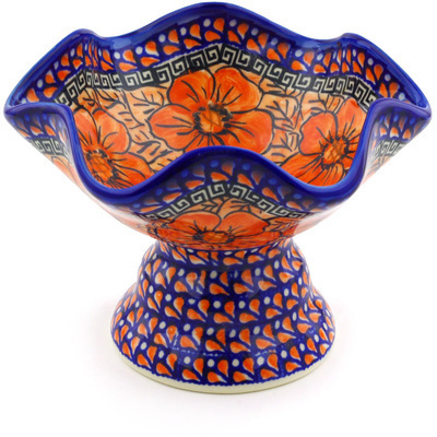 Polish Pottery Bowl with Pedestal 7&quot; Fire Poppies UNIKAT