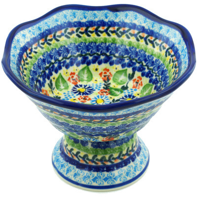 Polish Pottery Bowl with Pedestal 7&quot; Flor-de-lis UNIKAT