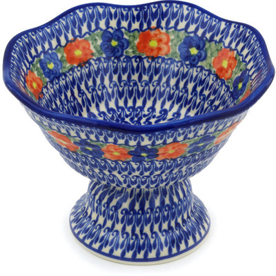 Polish Pottery Bowl with Pedestal 7&quot; Floral Burst