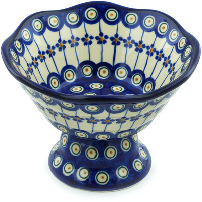 Polish Pottery Bowl with Pedestal 7&quot; Floral Peacock