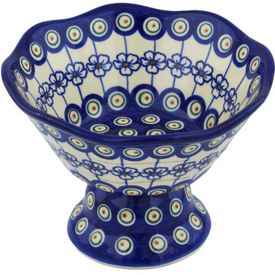 Polish Pottery Bowl with Pedestal 7&quot; Flowering Peacock