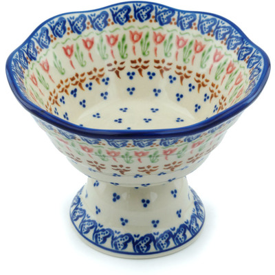 Polish Pottery Bowl with Pedestal 7&quot; Fluttering Tulips