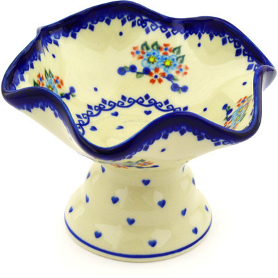 Polish Pottery Bowl with Pedestal 7&quot; Hearts And Flowers