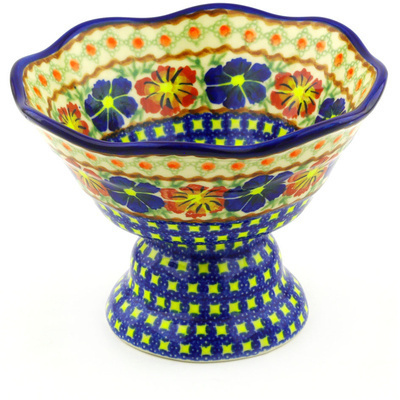 Polish Pottery Bowl with Pedestal 7&quot; Paradise Poppy