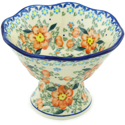 Polish Pottery Bowl with Pedestal 7&quot; Peach Tudor Rose
