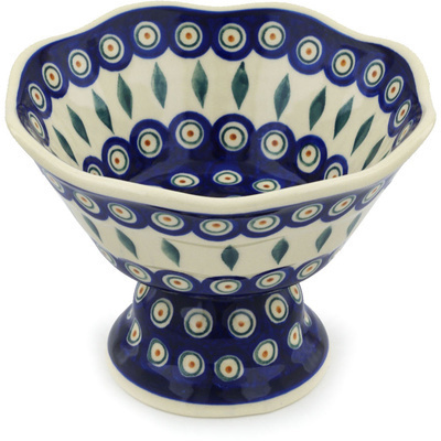 Polish Pottery Bowl with Pedestal 7&quot; Peacock