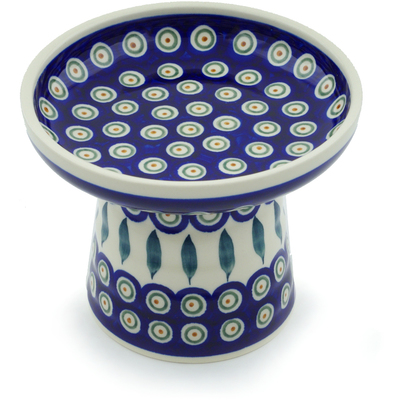 Polish Pottery Bowl with Pedestal 7&quot; Peacock Leaves