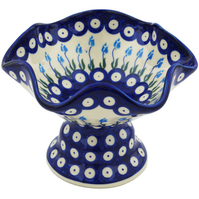 Polish Pottery Bowl with Pedestal 7&quot; Peacock Tulip Garden