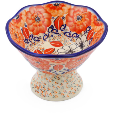 Polish Pottery Bowl with Pedestal 7&quot; Poppy Passion