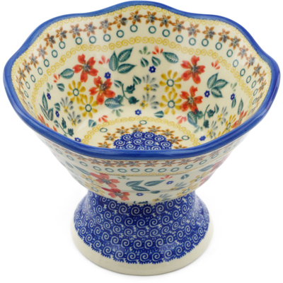 Polish Pottery Bowl with Pedestal 7&quot; Red Anemone Meadow UNIKAT