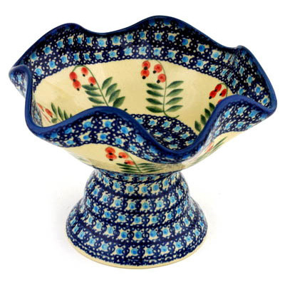 Polish Pottery Bowl with Pedestal 7&quot; Red Berries