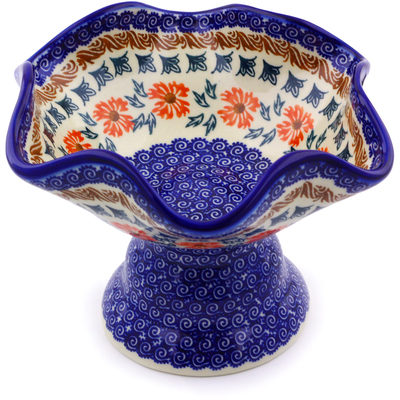 Polish Pottery Bowl with Pedestal 7&quot; Red Cornflower