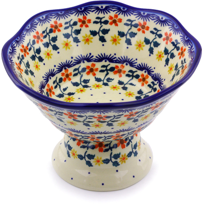 Polish Pottery Bowl with Pedestal 7&quot; Red Sunflower