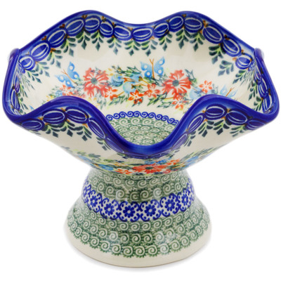 Polish Pottery Bowl with Pedestal 7&quot; Ring Of Flowers UNIKAT