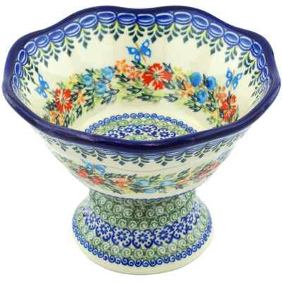 Polish Pottery Bowl with Pedestal 7&quot; Ring Of Flowers UNIKAT