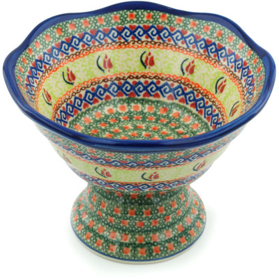 Polish Pottery Bowl with Pedestal 7&quot; Ring Of Roses