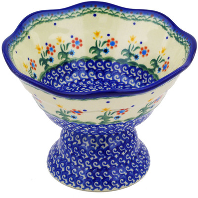 Polish Pottery Bowl with Pedestal 7&quot; Spring Flowers
