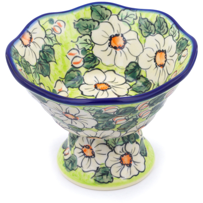 Polish Pottery Bowl with Pedestal 7&quot; White Flower Bouquet UNIKAT